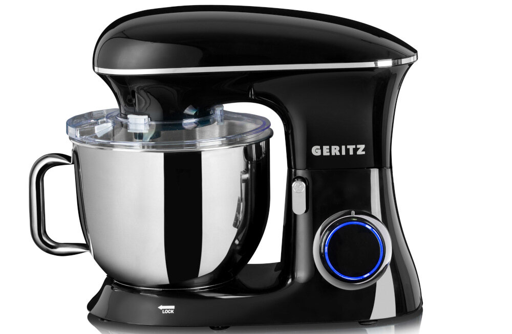Czarny robot planetarny z metalową misą i przezroczystą pokrywą. Na obudowie widoczne jest logo GERITZ oraz pokrętło z niebieskim podświetleniem.