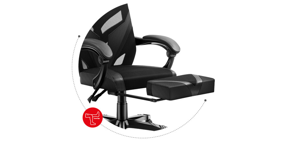 Czarny fotel biurowy z siatkowym oparciem i podłokietnikami, wyposażony w wysuwany podnóżek. Na obrazie widoczne jest czerwone kółko z białym symbolem fotela.