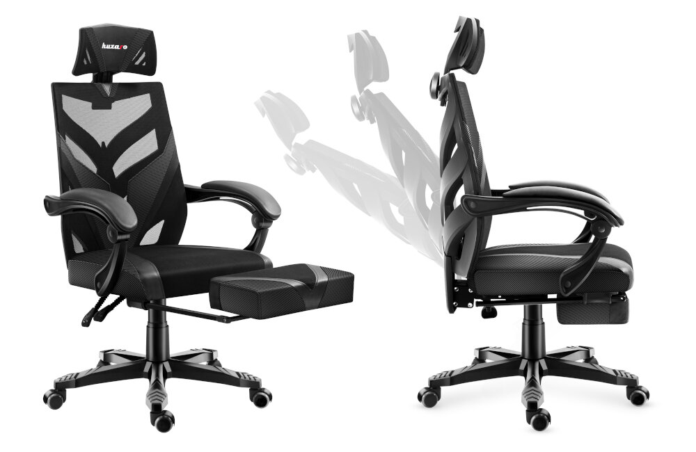Na obrazie widoczny jest czarny fotel biurowy z podłokietnikami i zagłówkiem, z logo \'huzaro\' na zagłówku. Fotel posiada wysuwany podnóżek i regulowane oparcie, co jest pokazane na dwóch ujęciach.