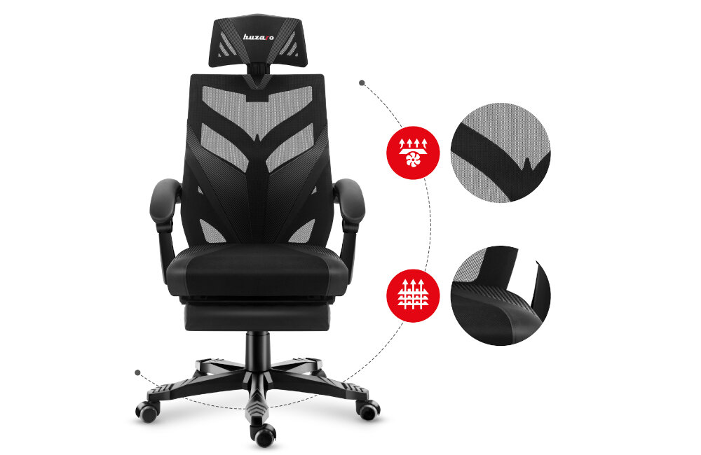 Czarny fotel biurowy z siatkowym oparciem i zagłówkiem z logo \'huzaro\'. Obok fotela znajdują się dwa okrągłe zbliżenia na materiał oparcia i siedziska z ikonami przepuszczalności powietrza.