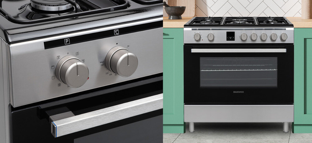 KUCHNIA DAEWOO F96CGDTE19INM-PL wizualizacja lifestyle zbliżenie front detale pokrętła ikony funkcje programy wygląd Solidna konstrukcja wysokiej jakości materiały