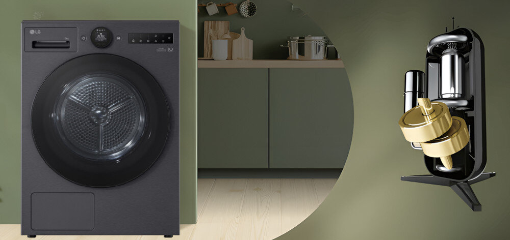 SUSZARKA LG RHX7010TBB Na zdjęciu widać czarną LG ustawioną na tle zielonej ściany i kuchennych szafek. Po prawej stronie, w okręgu, pokazano schemat budowy technologicznego podzespołu z pozłacanymi elementami. Całość podkreśla zaawansowanie zastosowanych rozwiązań