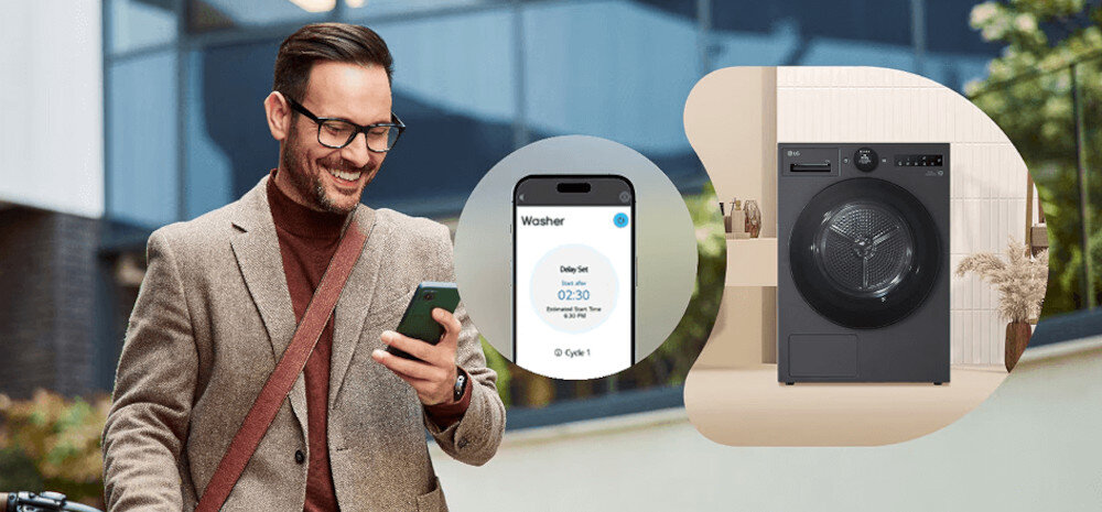 SUSZARKA LG RHX7010TBB Zdjęcie przedstawia mężczyznę korzystającego ze smartfona na tle budynku. Obok umieszczono grafikę z aplikacją mobilną pokazującą kontrolę pralki LG oraz zdjęcie urządzenia w jasnym, domowym wnętrzu. Obraz podkreśla możliwość zdalnego sterowania sprzętem LG przez aplikację LG ThinQ™ inteligentne pranie zdalne sterowanie aplikacja dodatkowe programy kompatybilność Asystent Google obsługa głosowa automatyzacja oszczędność czasu wygoda pełna kontrola pranie zdalne zarządzanie