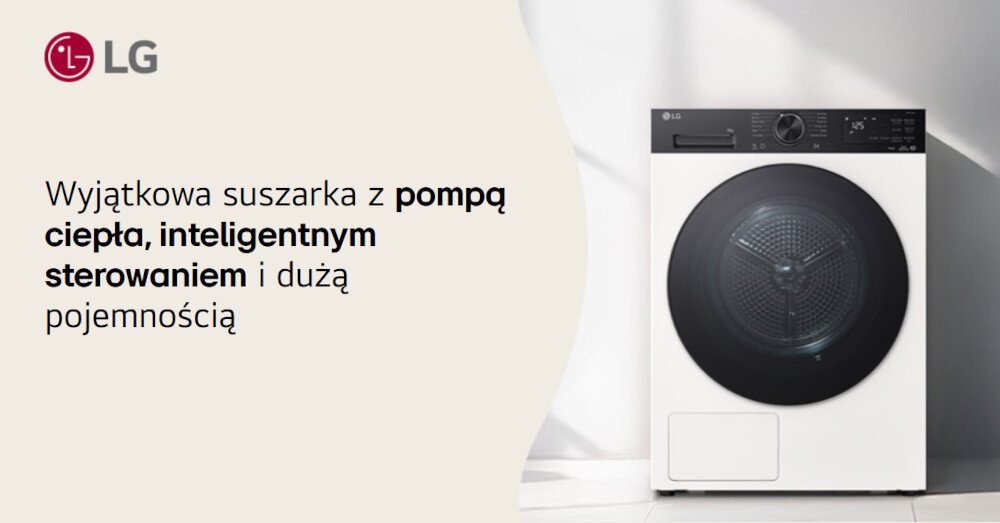 SUSZARKA LG RHX5009NHB top baner logo Zdjęcie przedstawia suszarkę firmy LG. Po lewej stronie widnieje logo marki oraz tekst reklamowy wyróżniający główne zalety urządzenia: pompę ciepła, inteligentne sterowanie i dużą pojemność. Po prawej stronie fotografii znajduje się sama suszarka, ustawiona na jasnym tle, podkreślającym jej design i funkcjonalność