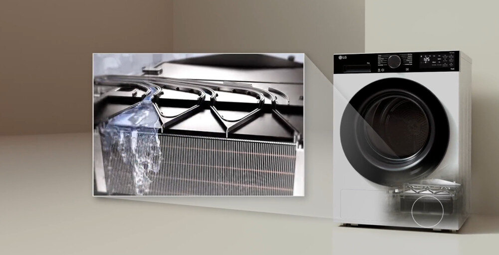 SUSZARKA LG RHX5009NHB Zdjęcie przedstawia suszarkę LG z widoczną grafiką ukazującą czysty wymiennik ciepła. W centralnej części kadru pokazano szczegółowo fragment wymiennika, przez który przepływa woda, co podkreśla łatwość utrzymania czystości i wydajność technologii pompy ciepła w urządzeniu Auto Cleaning automatyczne czyszczenie skraplacza usuwanie kłaczków równomierne suszenie skuteczne suszenie energooszczędność wygoda bezpieczeństwo bezobsługowa konserwacja dłuższa żywotność urządzenia bezproblemowa eksploatacja
