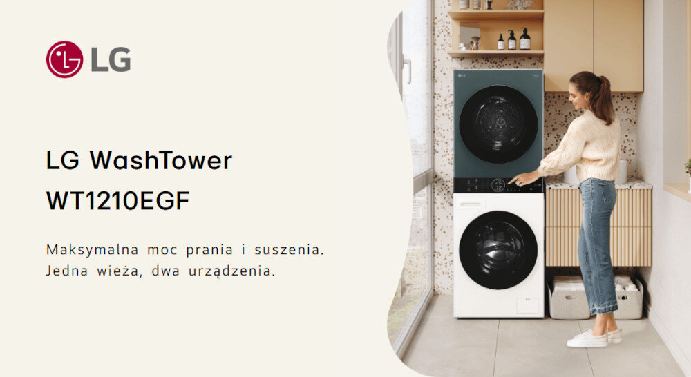 Pralko-suszarka Washtower LG WT1210EGF Na zdjęciu widać kobietę obsługującą LG WashTower WT1210EGF w pralni domowej. Po lewej stronie znajduje się prezentacja produktu i jego nazwy na jasnym tle