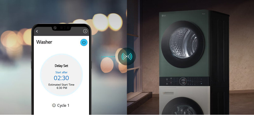 Pralko-suszarka Washtower LG WT1210EGF LG WashTower: zdalne sterowanie cyklem prania przez aplikację mobilną, wygoda ustawiania programu z dowolnego miejsca.