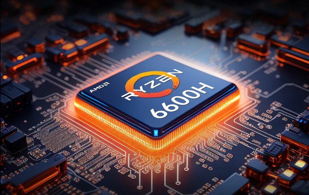 Komputer GMKTEC M6 Zbliżenie na podświetlony procesor z napisem 'Ryzen 6600H' umieszczony na płycie głównej z widocznymi ścieżkami i elementami elektronicznymi, procesor, rdzenie, taktowanie, wydajność