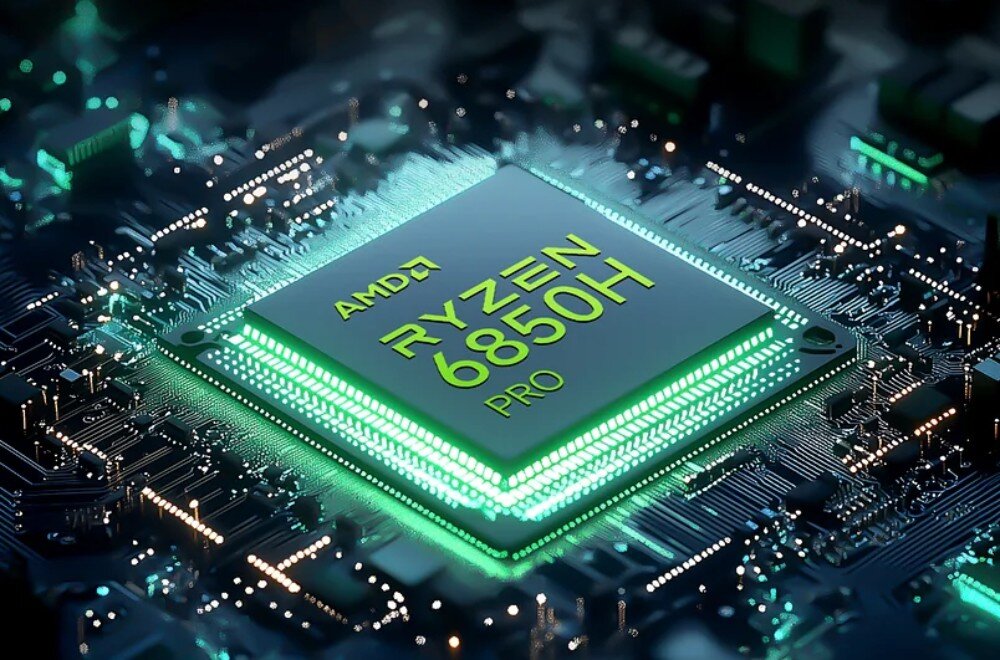 Komputer GMKTEC M7 Zbliżenie na procesor z napisem 'AMD Ryzen 6850H Pro' zamontowany na płycie głównej z podświetlonymi elementami, podzespoły, procesor, rdzenie, układ graficzny, pamięć