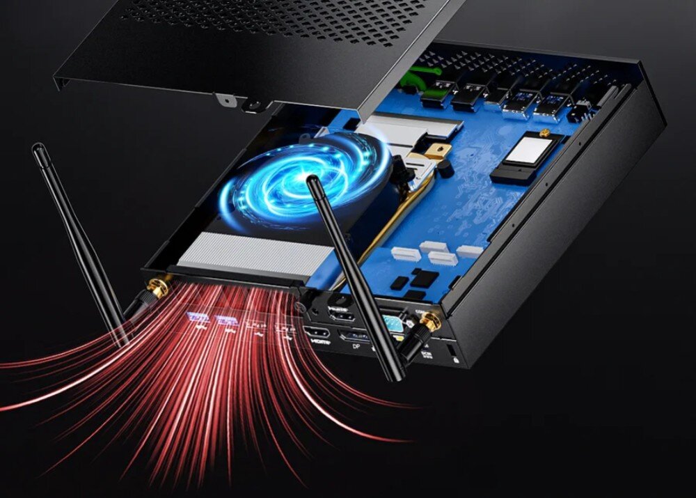 Komputer GMKTEC K10 Przekrój mini PC z ukazanym systemem chłodzenia powietrznego i wizualizacją przepływu powietrza oznaczoną czerwonymi liniami, chłodzenie, wentylacja