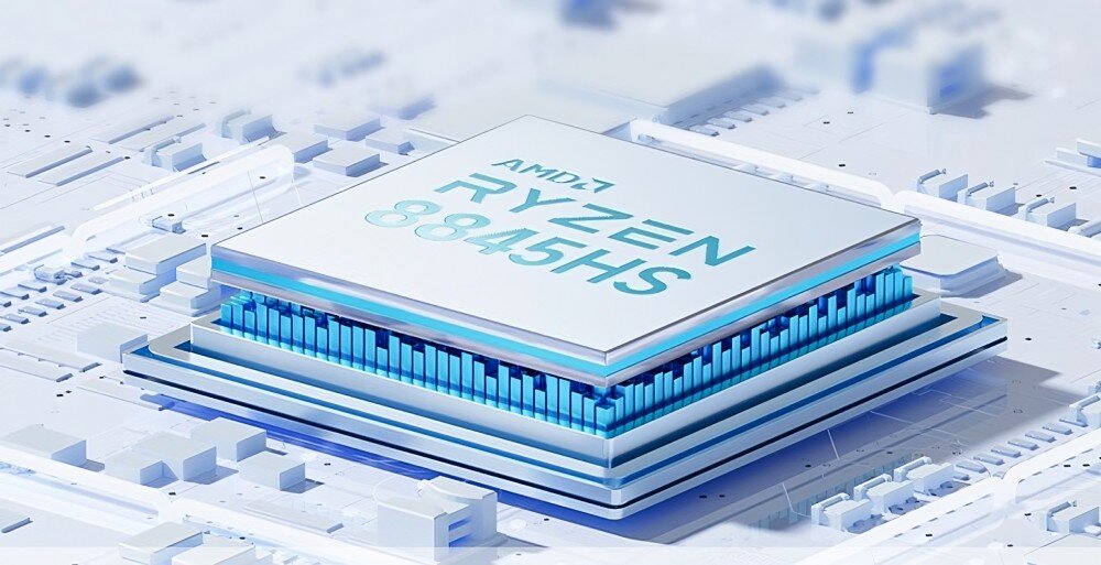 Komputer GMKTEC K8 Plus Grafika przedstawiająca procesor z napisem 'AMD Ryzen 8845HS' umieszczony na abstrakcyjnej białoniebieskiej płycie z elementami elektronicznymi, procesor, moc obliczeniowa, rdzenie