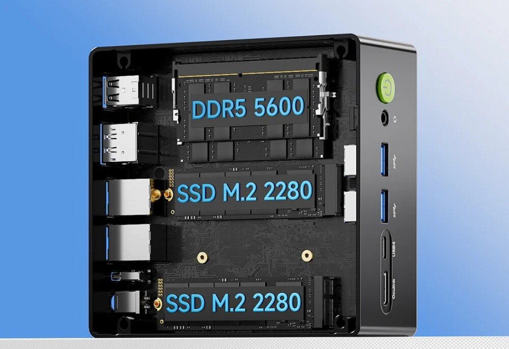 Komputer GMKTEC K8 Plus Wnętrze komputera mini PC z widocznymi dwiema pamięciami DDR5 i dwoma dyskami SSD M.2 2280 z podpisami ich oznaczeń, pamięć RAM, taktowanie, gniazda, dysk, rozbudowa
