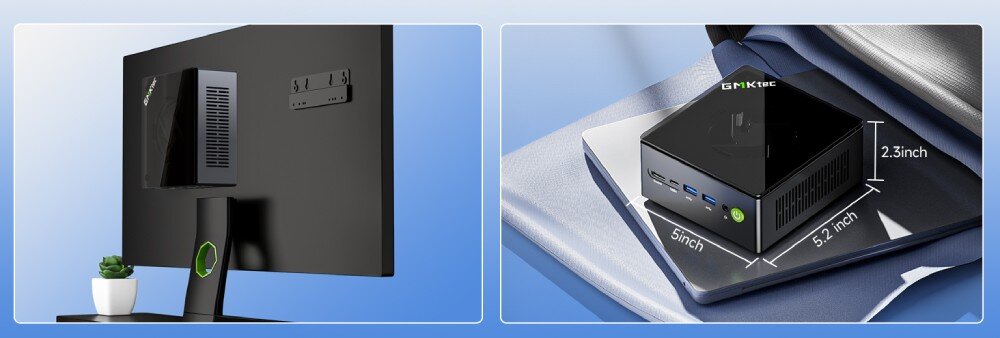 Komputer GMKTEC K8 Plus Dwa ujęcia mini PC: jedno pokazuje komputer zamontowany z tyłu monitora, drugie przedstawia urządzenie zmierzone w calach, umieszczone na laptopie wewnątrz torby, obudowa, wielkość, wymiary