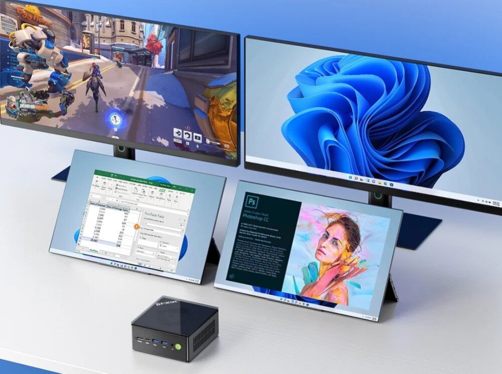 Komputer GMKTEC K8 Plus Mini PC ustawiony przed czterema ekranami wyświetlającymi różne aplikacje: gra, system operacyjny, arkusz kalkulacyjny i program graficzny, ekrany, rozdzielczość, obraz