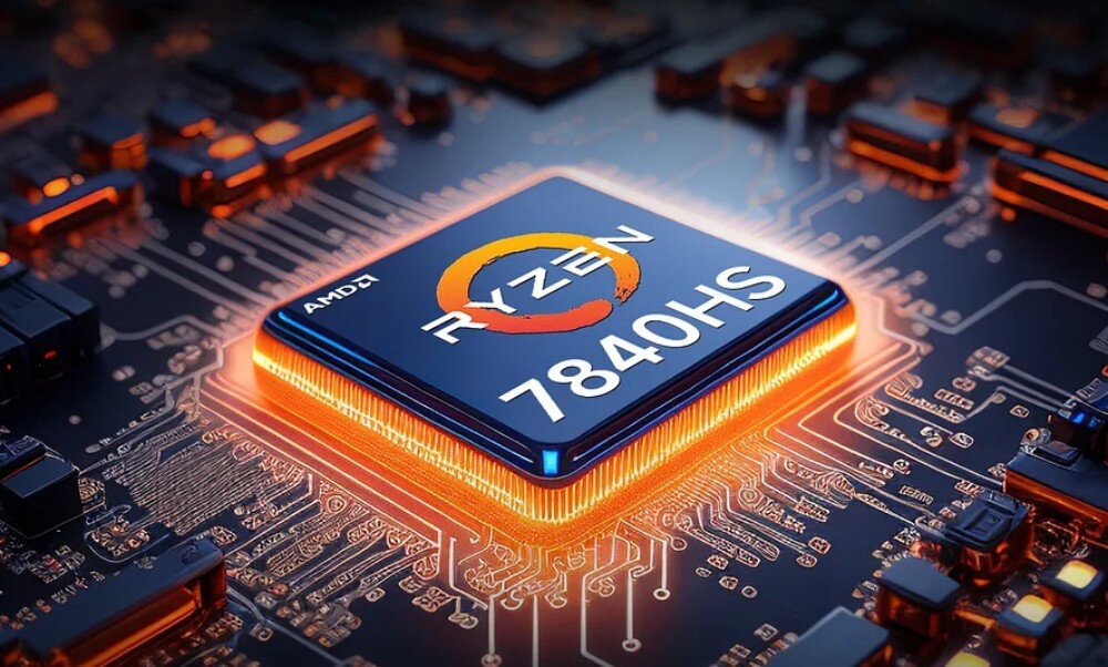 Komputer GMKTEC K6 Zbliżenie na procesor z napisem 'Ryzen 7840HS' zamontowany na płycie głównej, z podświetloną obwódką i detalami elektronicznymi wokół, procesor, moc obliczeniowa, parametry