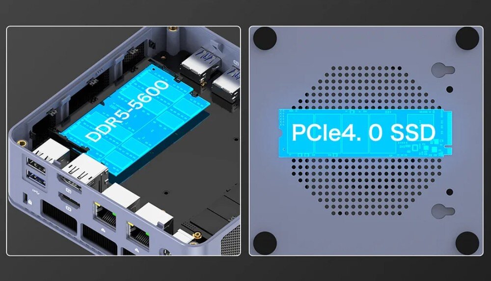 Komputer GMKTEC K6 Widok wnętrza obudowy komputera prezentujący zainstalowaną pamięć RAM oznaczoną jako 'DDR5-5600' i dysk SSD z napisem 'PCIe4.0 SSD' na spodzie obudowy, pamięć RAM, taktowanie, rozbudowa
