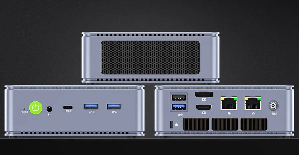 Komputer GMKTEC K6 Widok z przodu i z tyłu obudowy komputera, pokazujący rozmieszczenie portów USB, HDMI, LAN, audio i gniazda zasilania oraz otwory wentylacyjne po bokach, porty, gniazda
