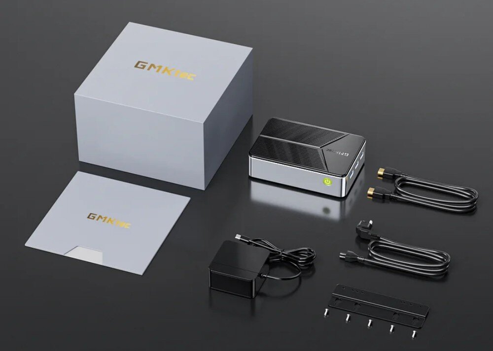 Komputer GMKTEC G9 Zestaw złożony z pudełka, instrukcji, mini komputera, zasilacza, dwóch kabli HDMI, kabla zasilania i uchwytu montażowego z zestawem śrub, zestaw, opakowanie