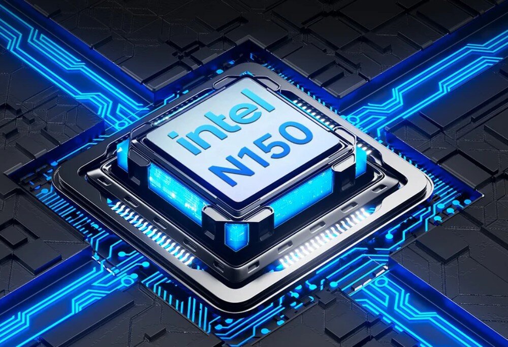 Komputer GMKTEC G9 Grafika przedstawiająca procesor z napisem 'intel N150' osadzony na tle niebieskiego schematu układu scalonego, procesor, rdzenie, taktowanie, pamięć