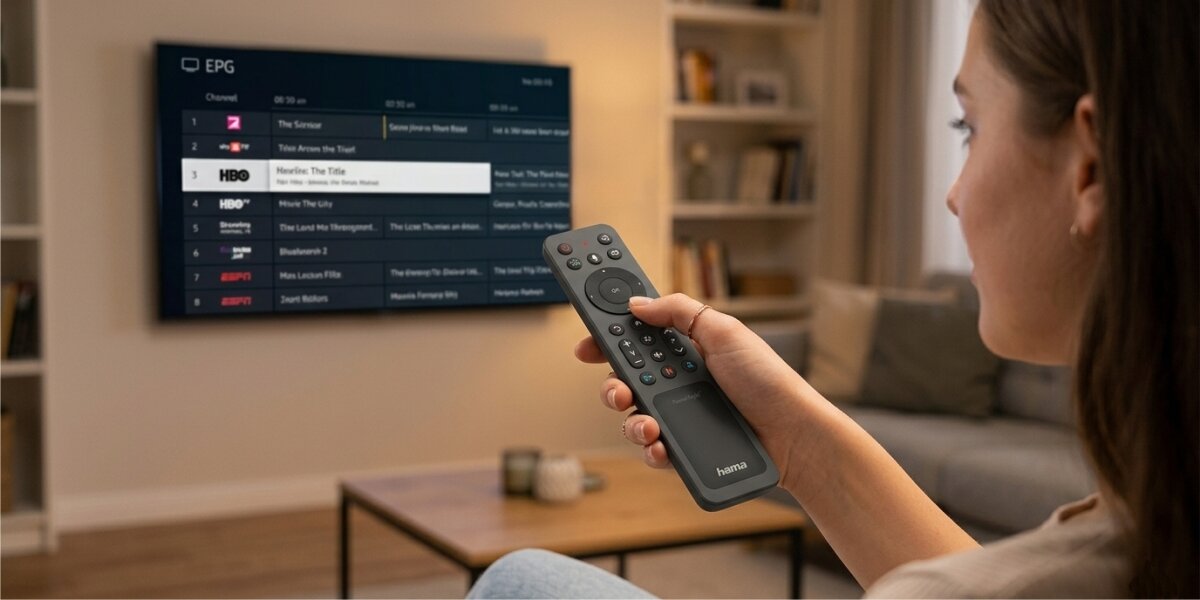 Osoba trzyma pilot uniwersalny z logo \'hama\', skierowany w stronę telewizora, na którym wyświetlana jest lista kanałów telewizyjnych z zaznaczonym kanałem HBO.