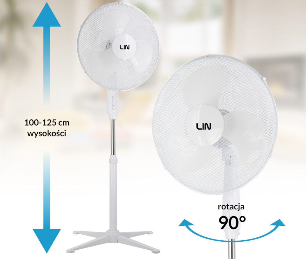 Wentylator LIN LI16FS2501 Biały Regulowana wysokość i rotacja Regulowana wysokość wygodne ustawienie nawiewu potrzeba Funkcja automatycznej rotacji o 90 stopni równomierne chłodzenie