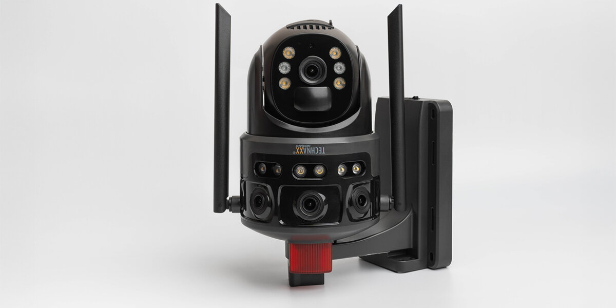 Technaxx TX-329 dwa aparaty 3 MP 6 MP rozdzielczość 2304 × 2596 px Szeroki kąt widzenia (88°/40°) obudowa z aluminium i ABS Odporność IP65 deszczem, kurzem i ekstremalną pogodą - kamerka na jasnym tle