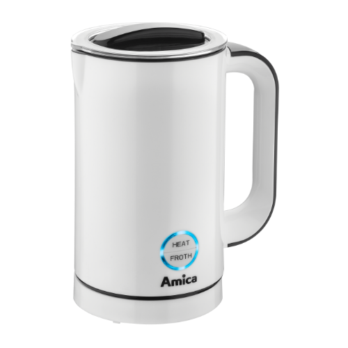 Biały spieniacz do mleka z czarną pokrywką i uchwytem. Na urządzeniu widoczne jest logo \'Amica\' oraz przyciski z napisami \'HEAT\' i \'FROTH\'.