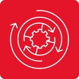 Czerwony kwadrat z białym symbolem przedstawiającym zębatkę otoczoną strzałkami wskazującymi ruch obrotowy.