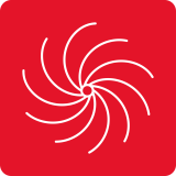 Czerwone tło z białym, stylizowanym symbolem przypominającym wirujące linie, ułożonymi w okrąg.