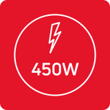 Czerwony kwadrat z białym symbolem błyskawicy i napisem \'450W\' w środku okręgu.
