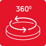 Czerwony kwadrat z białym symbolem okręgu i strzałkami oraz tekstem \'360º\'.