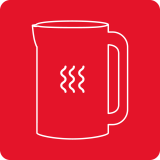 Czerwony kwadrat z białym konturem dzbanka i trzema falistymi liniami symbolizującymi parę.