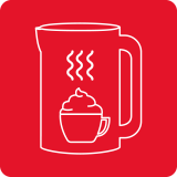 Czerwony kwadrat z białym konturem dzbanka i filiżanki z parą unoszącą się nad nią.