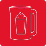 Czerwony kwadrat z białym konturem dzbanka, na którym znajduje się szkic szklanki z pianką.