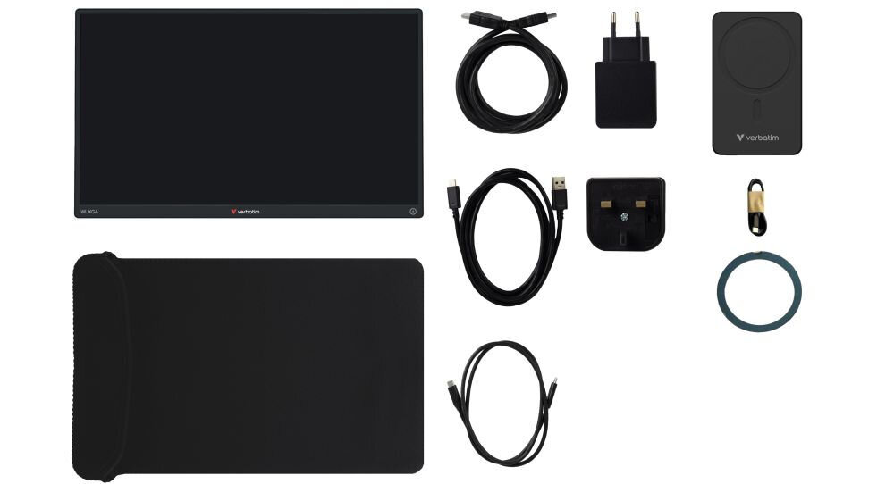 Monitor VERBATIM Light 14 cali FHD z powerbankiem 5000 mAh Czarny prezentacja zestawu na białym tle