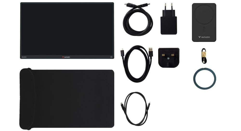 Monitor VERBATIM ALU 13.3 WUXGA z powerbankiem 5000mAh Czarny prezentacja zestawu na białym tle monitor kable powerbank