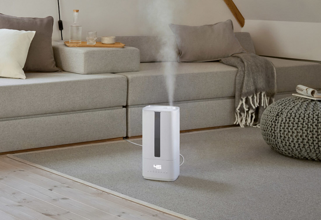 Nawilżacz ultradźwiękowy STADLER FORM Oliwier Biały Higieniczna czystość mgiełki technologia UV dezynfekcja sprzyja zdrowiu domowników