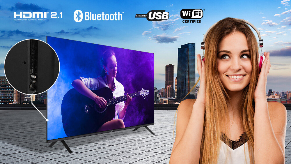 JVC LT-50VDQ7500  trzy porty HDMI 2.1 z ALLM dwa porty USB-A Ethernet Wi-Fi Bluetooth Gniazda z boku obudowy - słuchawki połączone przez bluetooth