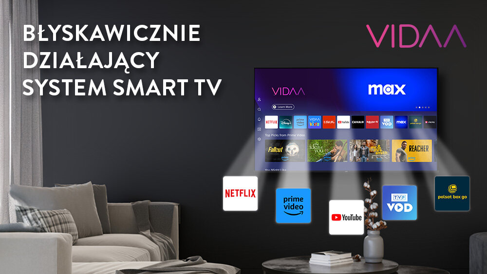 JVC LT-50VDQ7500  System VIDAA Netflix, YouTube, Disney+, HBO Max, Player czy TVP VOD przeglądarki internetowej - interfejs vidaa