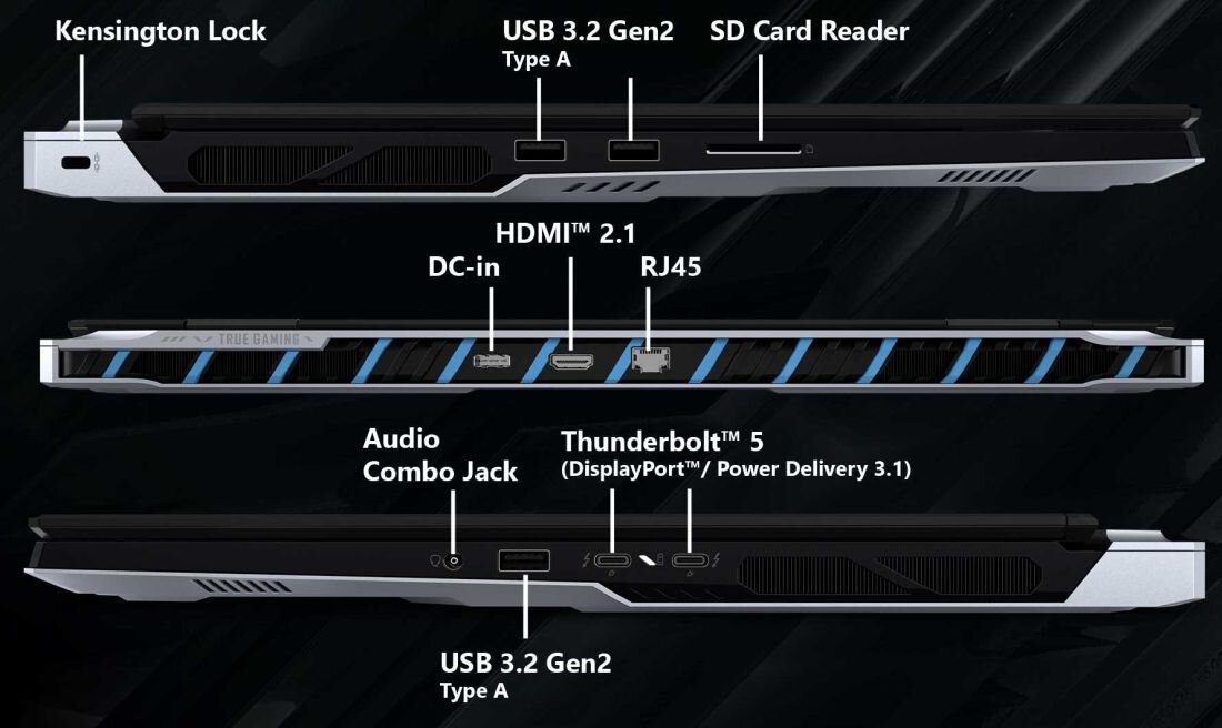 Laptop MSI Titan 18 HX AI - MSI Titan 18 HX AI z widocznymi portami i różnymi funkcjami technicznymi – kompleksowy zestaw portów We/Wy
