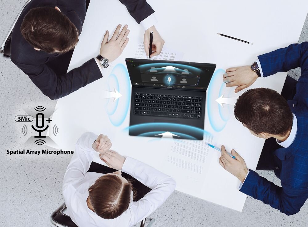  z góry na laptop MSI prezentuje układ trzech mikrofonów zbierających głos podczas spotkania przy dużym stole w biurze – Przestrzenny układ trzech mikrofonów