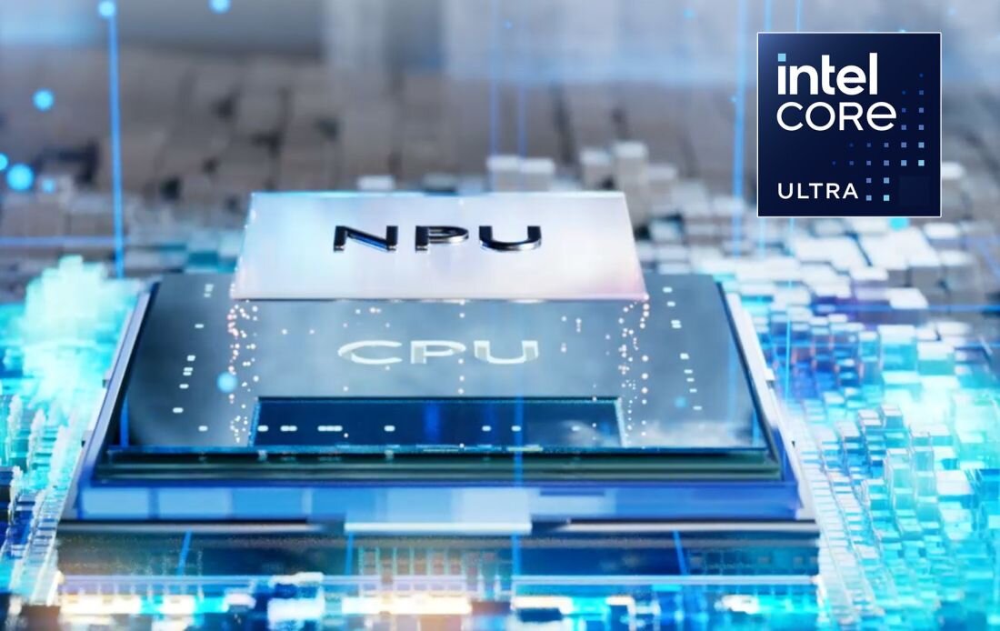 Grafika prezentuje moduły NPU i CPU procesora Intel Core Ultra na futurystycznej płycie z niebieskim podświetleniem – Intel Core Ultra RAM DDR5 SSD