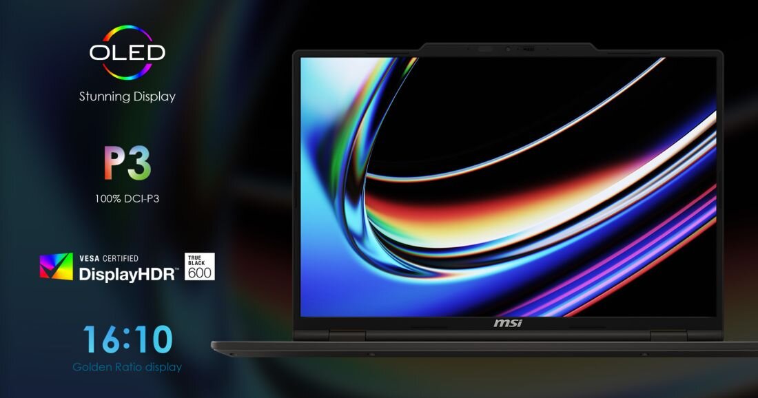 Laptop MSI z ekranem OLED wyświetla barwną grafikę obok oznaczeń DisplayHDR 600 i palety kolorów DCI‑P3 – Panel OLED 120 Hz