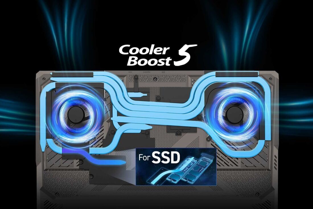 Schemat zaawansowanego systemu chłodzenia Cooler Boost 5 w laptopie MSI Vector – widoczne dwa wentylatory i rozbudowany układ miedzianych ciepłowodów, w tym dedykowany system chłodzenia dla dysku SSD, co zapewnia optymalne odprowadzanie ciepła .- system chłodzenia Cooler Boost 5 