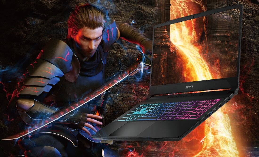 Laptop MSI Katana 15 HX z podświetlaną klawiaturą wyświetla dynamiczną scenę gry fantasy na tle mrocznej grafiki