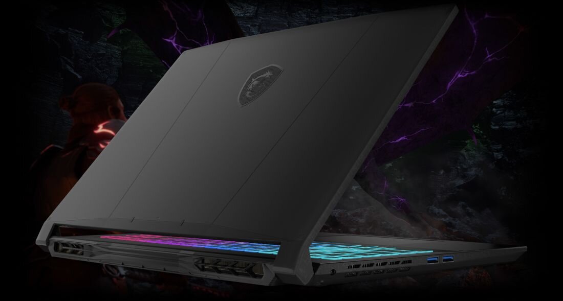 Laptop MSI Katana 15 HX wyświetla panel MSI Center z ikonami funkcji systemowych na ekranie – tryby wydajności Mystic Light RGB Game Highlights AI Engine
