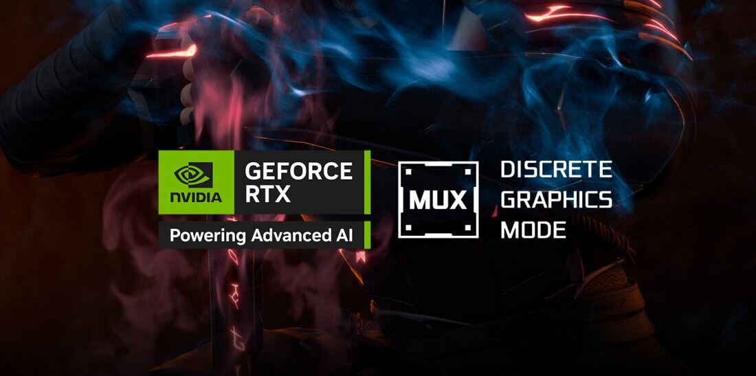 Grafika NVIDIA GeForce RTX 5060 oraz trybu Discrete Graphics Mode zaprezentowana na tle postaci z gry akcji – NVIDIA GeForce RTX 5060 NVIDIA Studio laptop MSI Katana 15 HX