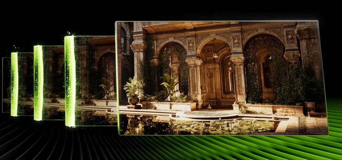 Porównanie klatek obrazu przedstawia technologię DLSS w laptopie MSI Katana 15 HX na scenie architektonicznej gry – DLSS 4 GeForce RTX 5060 serii 50