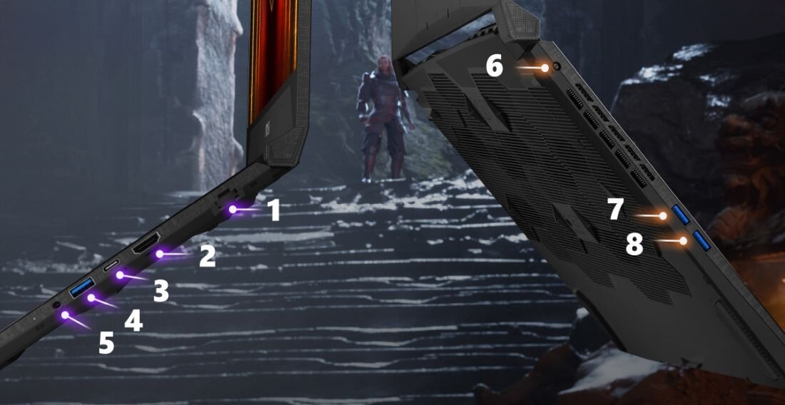 Boczne krawędzie laptopa MSI Katana 15 HX pokazują rozmieszczenie portów i otworów wentylacyjnych – USB-A USB-C DisplayPort Wi-Fi 6E Bluetooth 5.3 HDMI 2.1