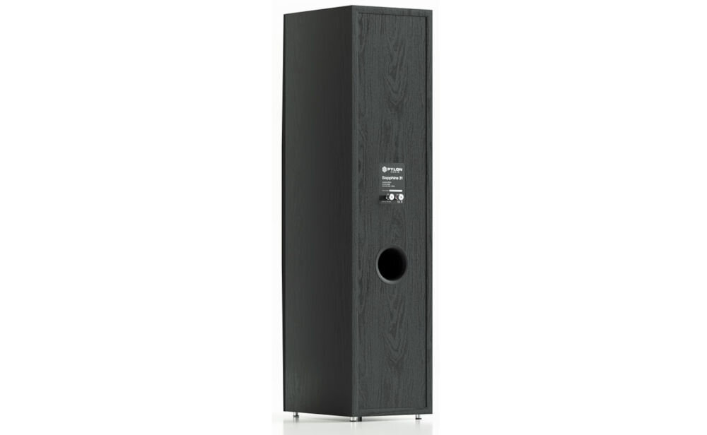 Kolumna głośnikowa PYLON AUDIO Sapphire 31 głośnik wysokotonowy Seas szczegółowe wysokie tony, kolumna głośnikowa po skosie na białym tle